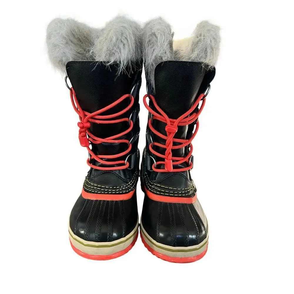 Girls Sorel Joan of Arctic Snow Boots, Size 1, Black/Red, Fur, Lace, Waterproof